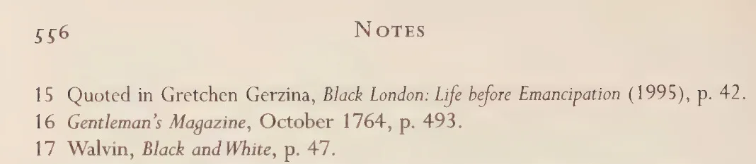 screenshot of page 556 of the notes showing notes 15 to 17 as follows: 15 quoted in gretchen gerzina, black london: life before emancipation (1995), p. 42. 16 gentleman’s magazine, october 1764, p. 493. 17 walvin, black and white, p. 47