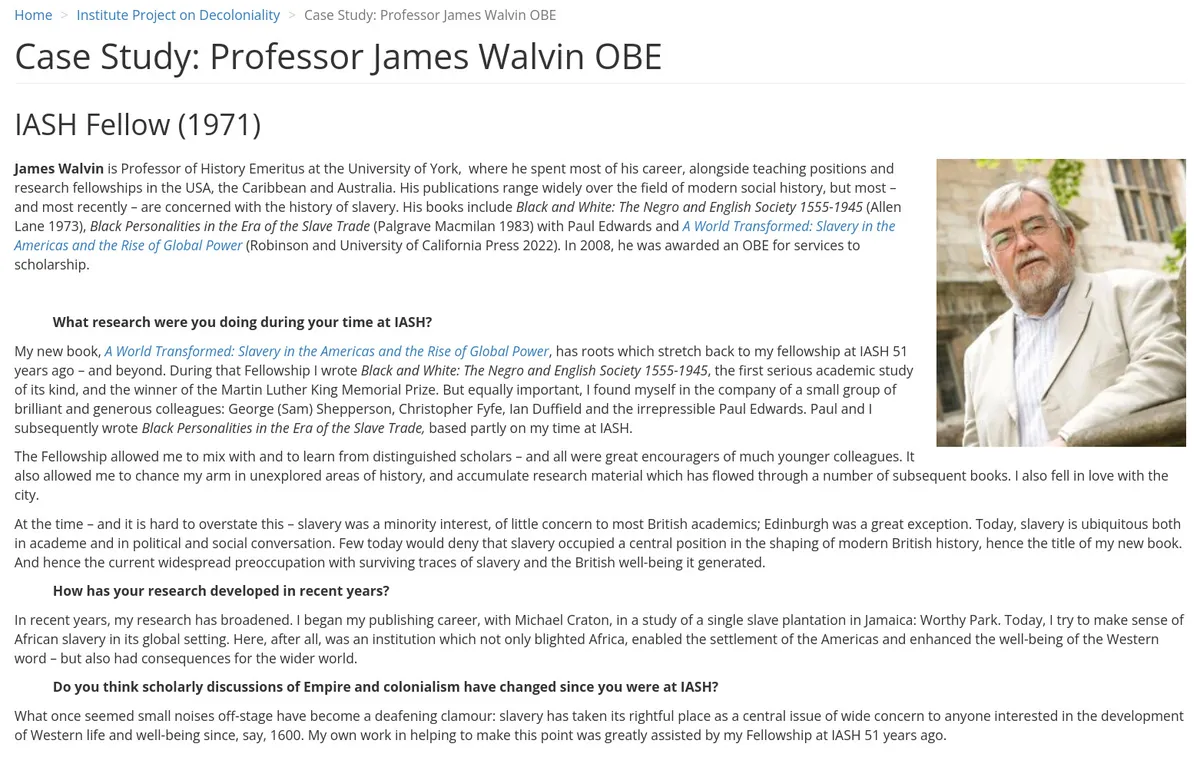 screenshot of an article about james walvin, link to the article is available by clicking on the link above.