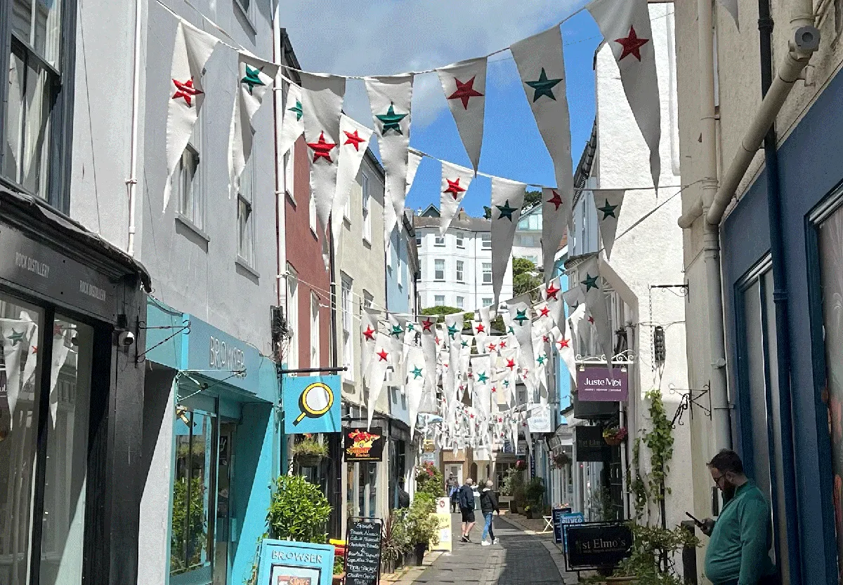View of bunting along a quaint highstreet