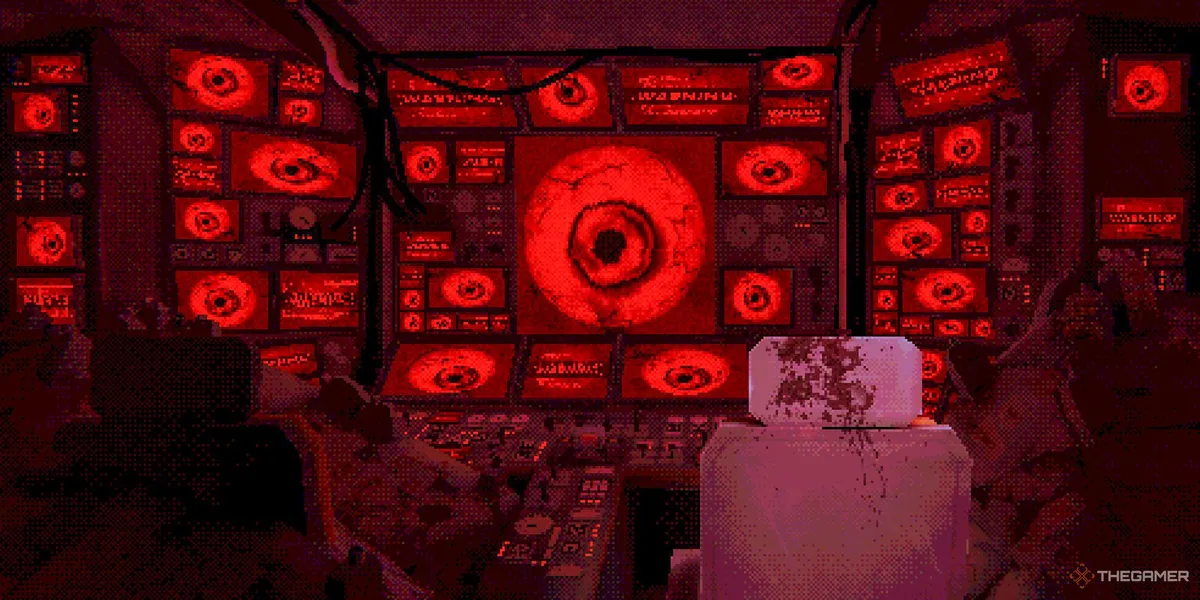 mouthwashing-spaceship-cockpit-lit-up-in-red-with-bloodied-seat-and-monitors-all-showing-an-eyeball