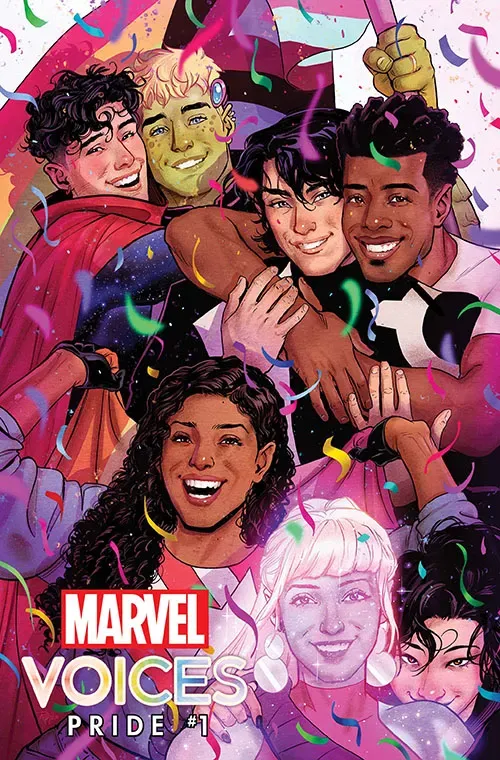 Just a few of Marvel’s queer royalty - top to bottom, left to right: Billy Kaplan (Wiccan), Teddy Altman (Hulkling), Jean-Paul Beaubier (Northstar), Kyle Jinadu (just some guy Northstar married in Marvel’s first gay wedding ever), America Chavez, Karolina Dean, Nico Minoru. Missing alongside America because Marvel refuses to acknowledge them as a couple: Kate Bishop (Hawkeye)