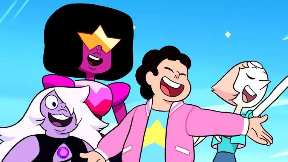 Steven and his gay aunts, the Crystal Gems. Left to right: Amethyst, Garnet, Steven, Pearl