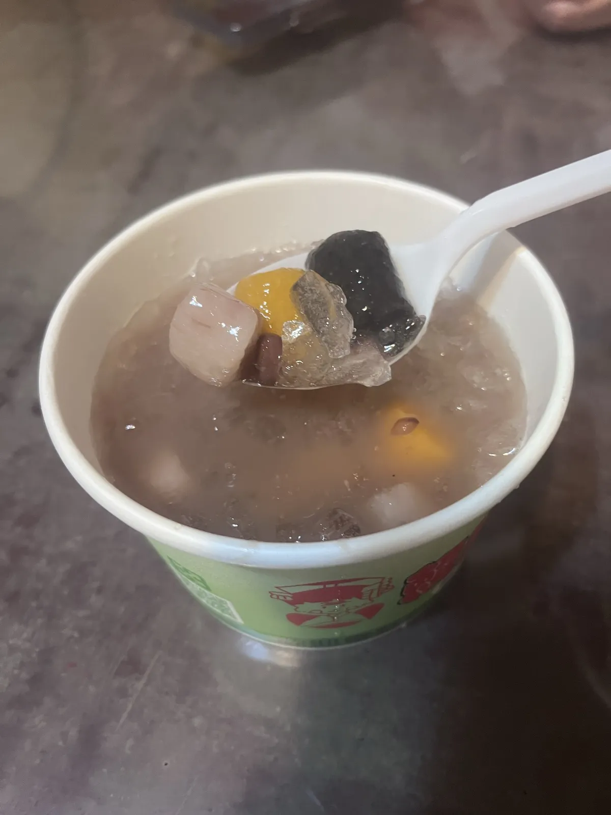 Various taro balls in dessert soup and ice
