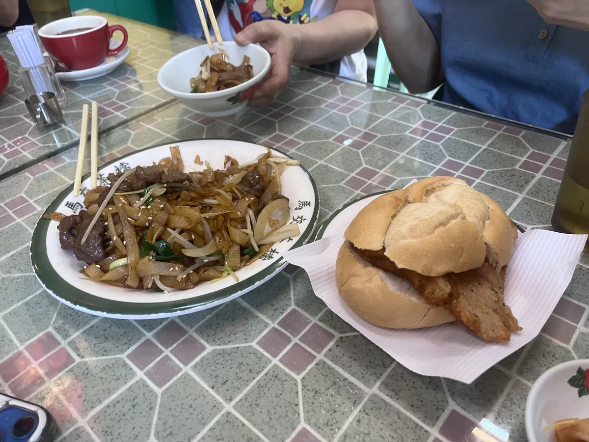 Beef rice noodle stirfry (mom’s fav dish) and pork chop bun (very mid, which you can tell by the wrong type of bread used)