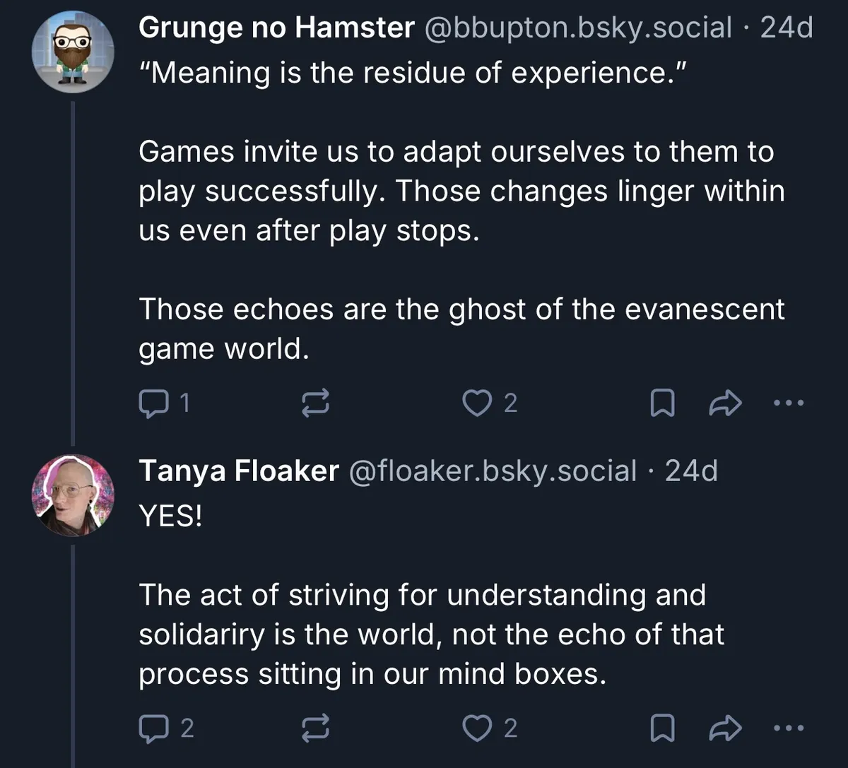 Bluesky screenshot talking about striving to create a world as key