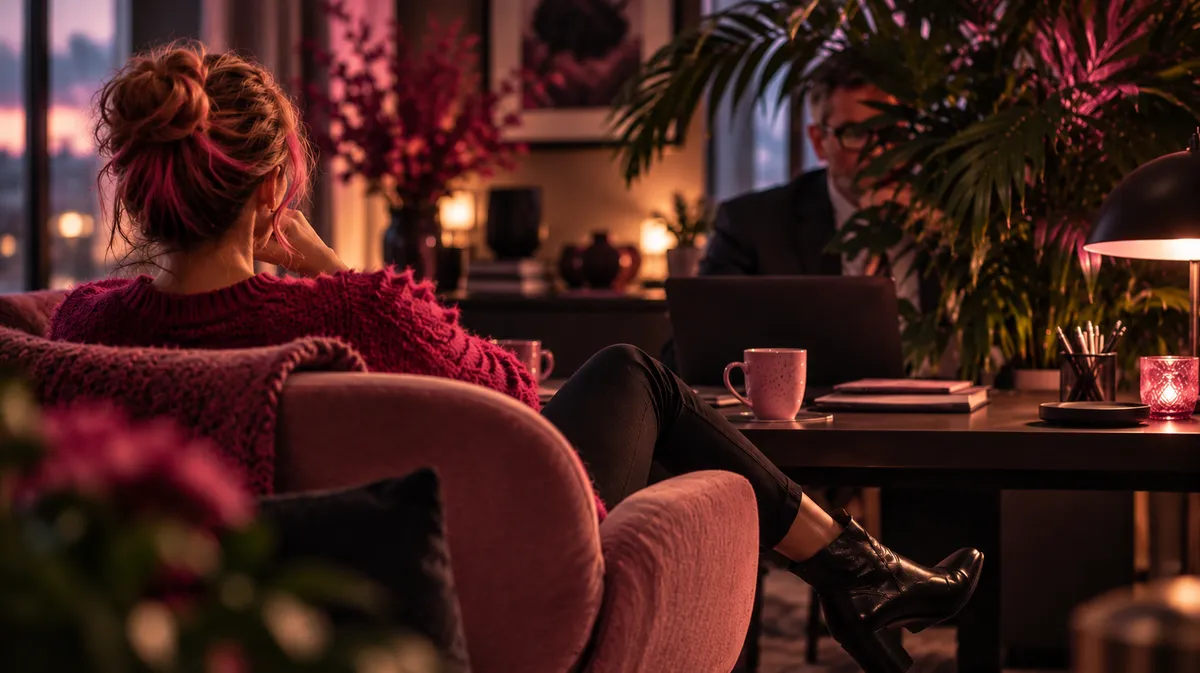 Moody Pink-Lit Office Conversation