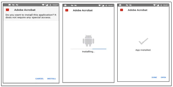 Figura 2: instalação do APK malicioso, iniciando em background o processo mal-intencionado