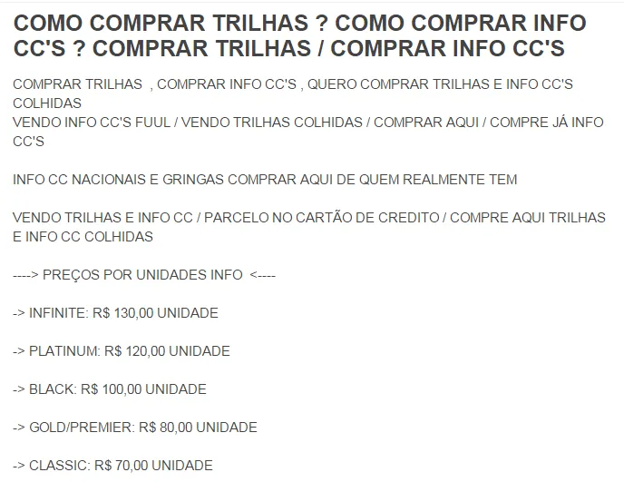 Anúncio de um criminoso vendendo dumps de cartões de crédito roubados: você pode até mesmo pagar por ele com seu próprio cartão de crédito