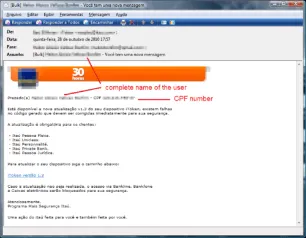 Uma mensagem de phishing exibindo o nome completo da vítima e seu número de CPF