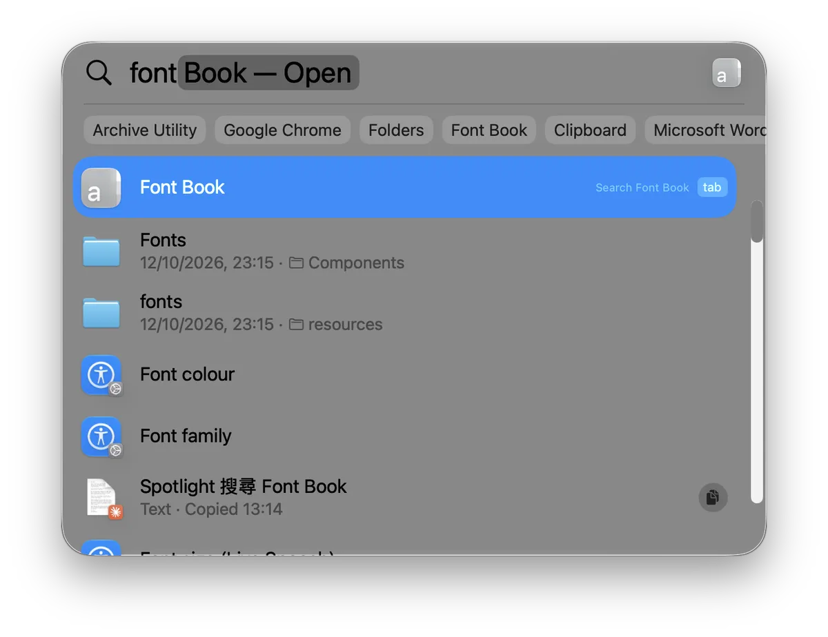 Spotlight 搜尋 Font Book