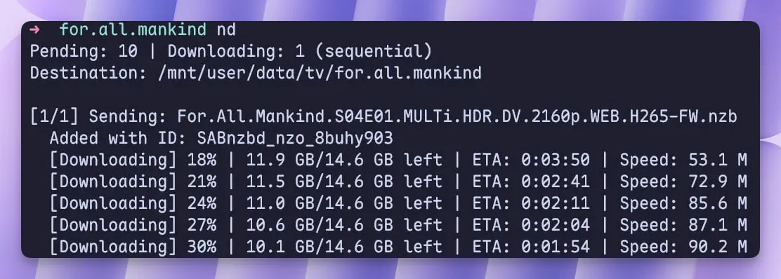 Ảnh chụp màn hình giao diện dòng lệnh hiển thị quá trình tải xuống tập tin qua công cụ nd. Hiển thị 10 tệp đang chờ, 1 đang tải xuống với tiến độ 30% (10.1 GB / 14.6 GB), tốc độ 90.2 MB/s, ETA 1 phút 54 giây