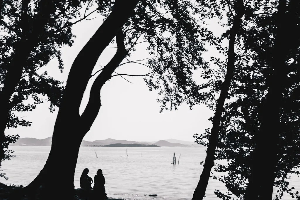 Two people are sitting under the branches of large, leafy trees by the shore of a calm lake. The trees frame the scene, their silhouettes creating a natural arch against the sky. The lake stretches out in front of them, its surface serene and reflective, leading to distant hills and mountains on the horizon. The image is in black and white, adding a timeless and peaceful atmosphere to the scene. Shot on Trasimeno Lake, Italy in 2021 by me.