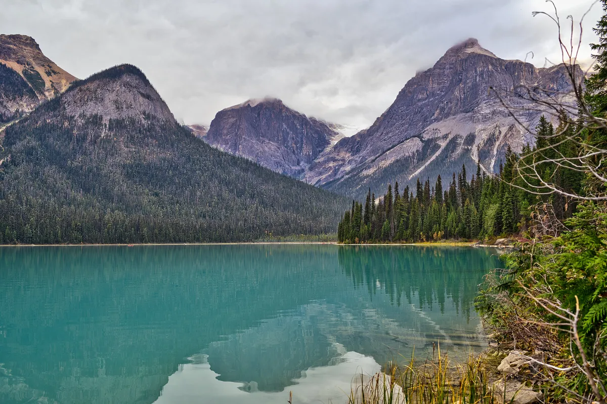 Turquoise alpine lake beneath the Canadian Rockies