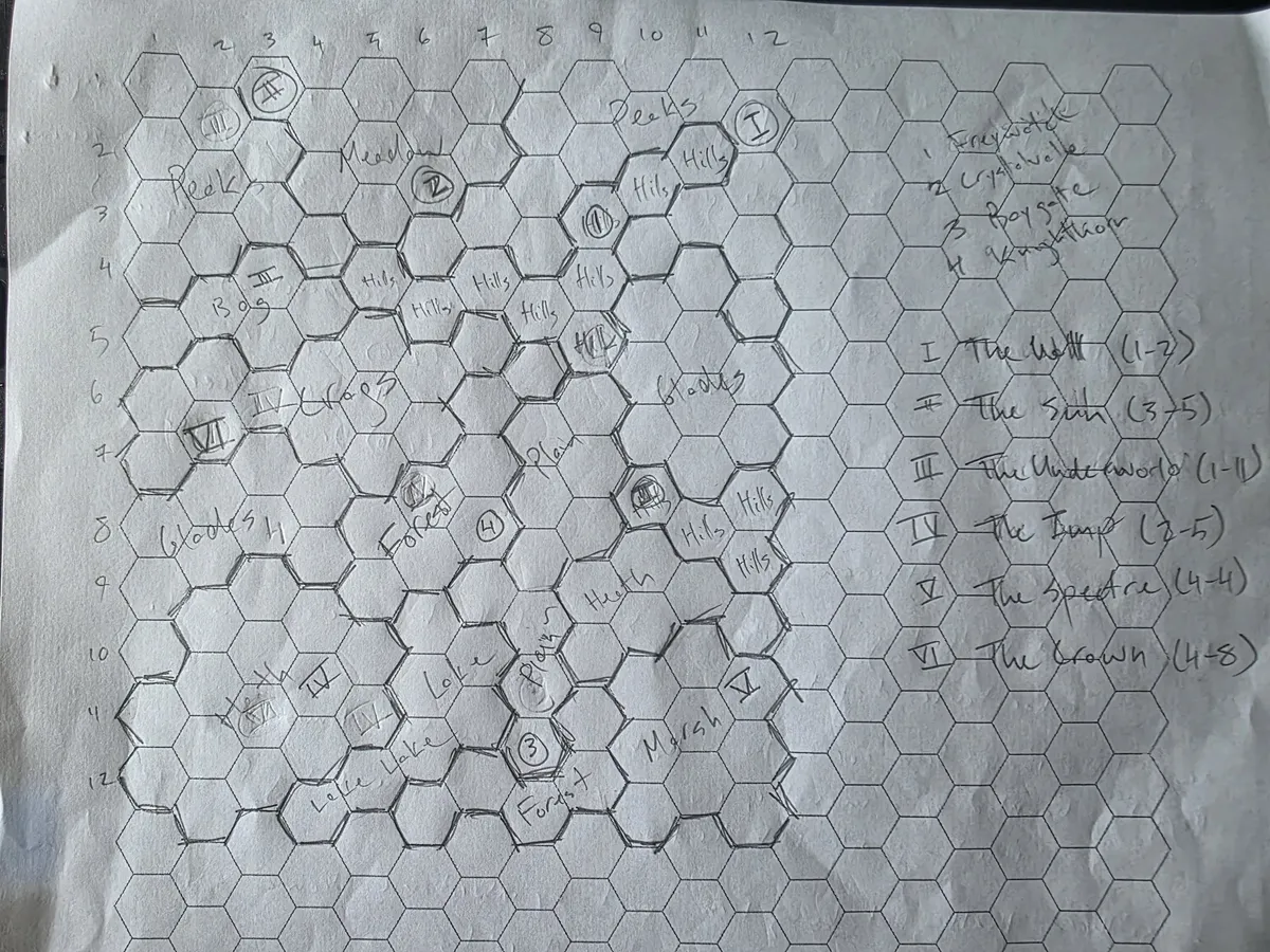 Draft of a hexmap, pencil annotations on a printed hexgrid