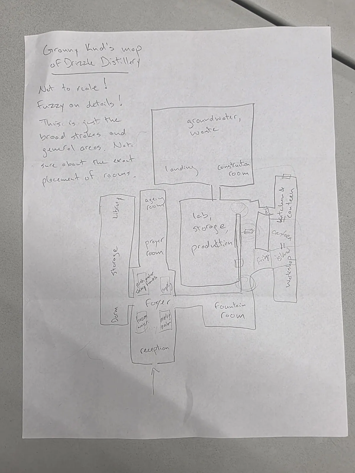 Poor-quality, hand-drawn map of a roleplaying game setting with the addition of a smaller, higher-quality sketch of a mole in another hand.