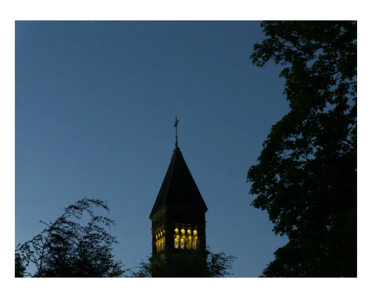 A church spire at dusk