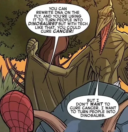 Comic panel showing Spider-Man speaking to Sauron from Marvel Comics. Sauron argues that instead of curing cancer he wants to turn people into dinosaurs.