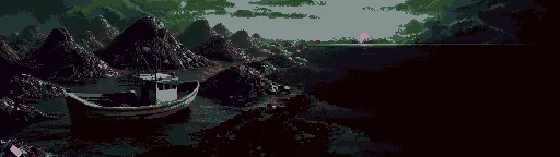 A small, grounded boat, surrounded by heaps of trash. The sun sets in the distance, a small pink ball surrounded by greenish clouds.