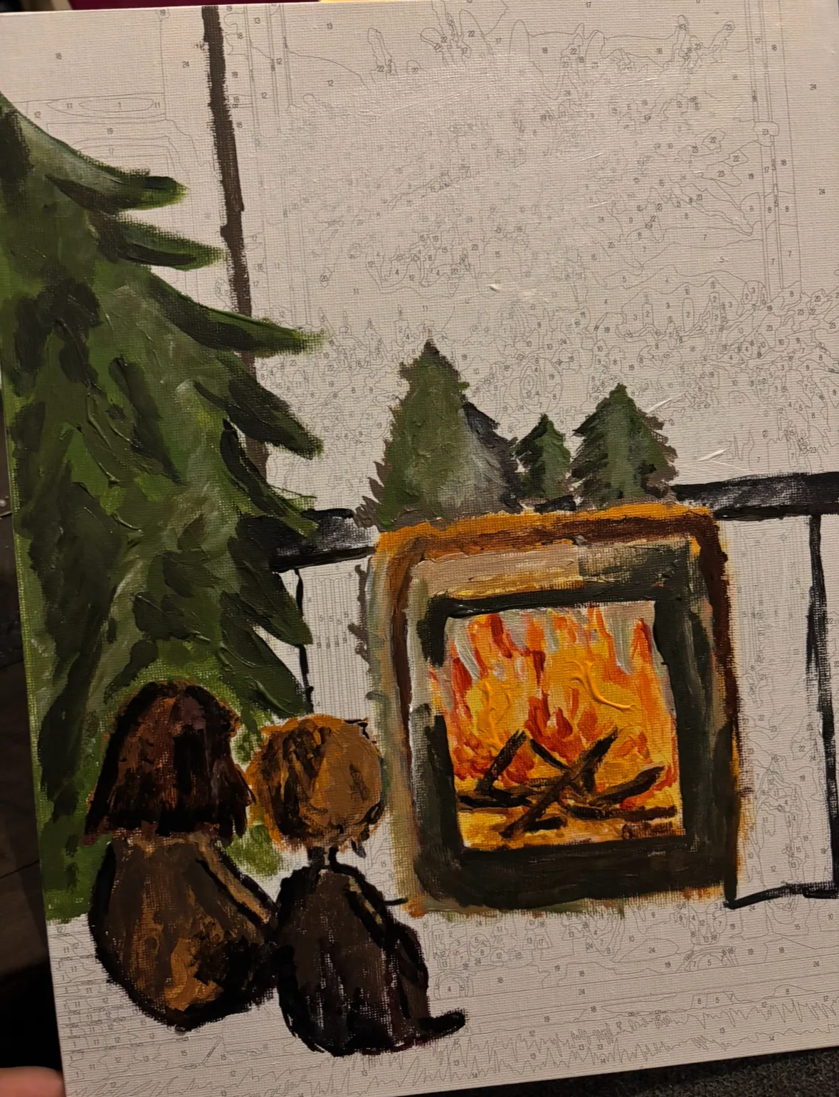 A painting of a couple in front of a fireplace in Christmas times