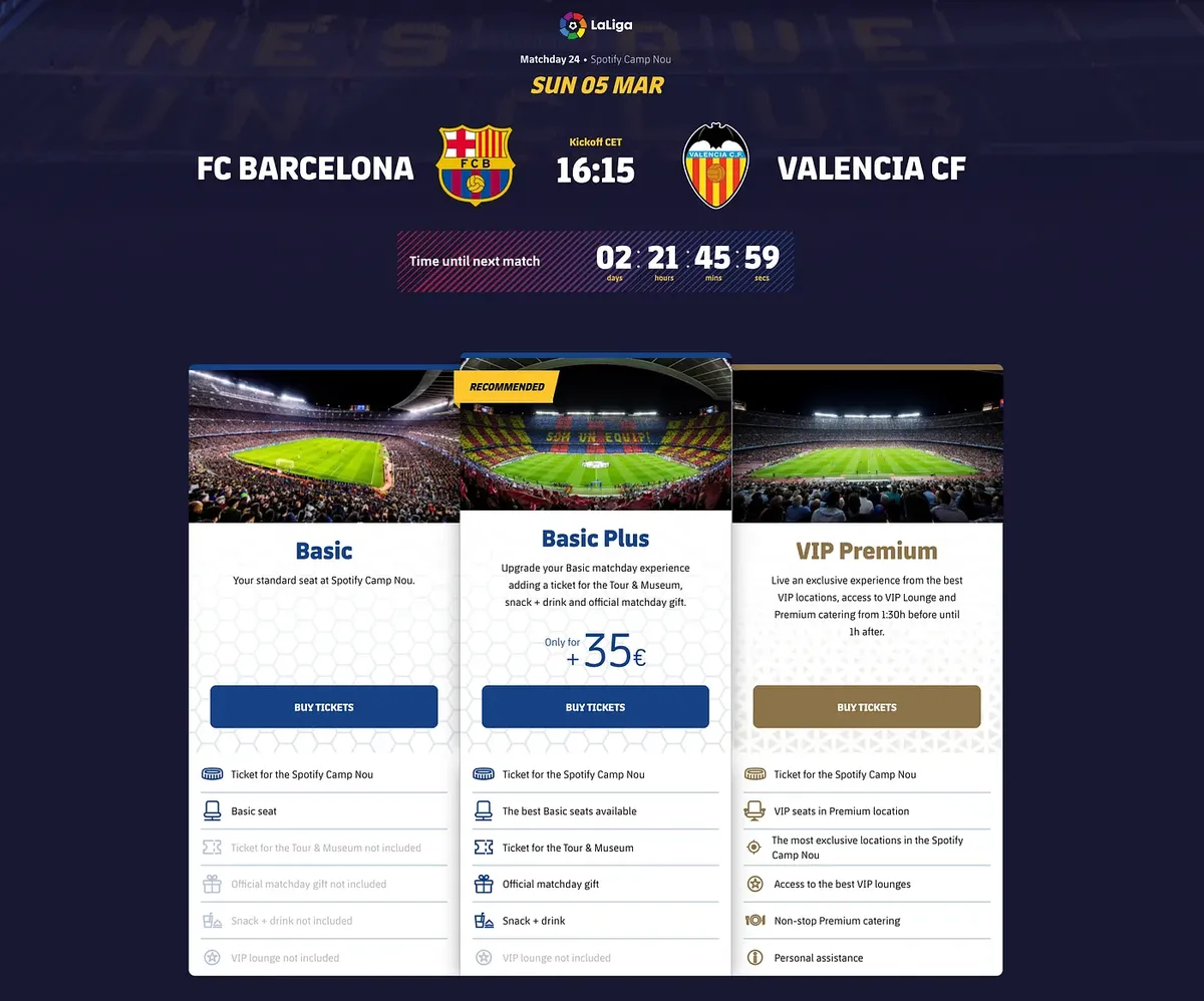 Ticketing landing page for a home match against Valencia