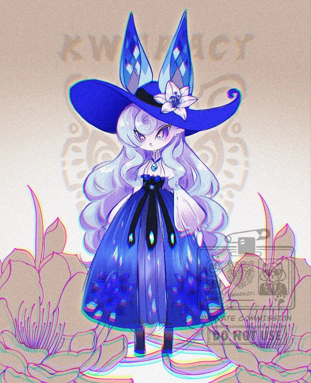 Um coelho antropomórfico branco, usando um vestido azul, um chapelão azul estilo bruxinha.