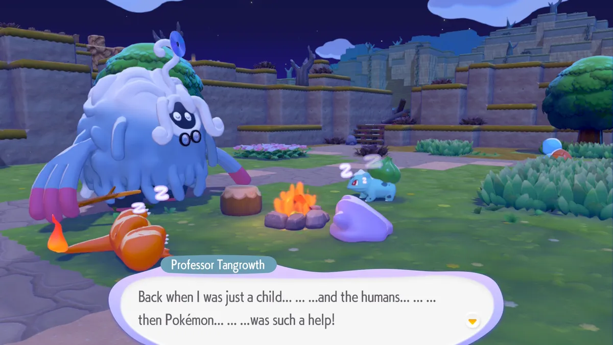 Início de pokémon pokopia, onde o professor Tangrowth conta uma história sobre humanos e pokémons para ditto, bulbasaur e charmander, que estão adormecidos