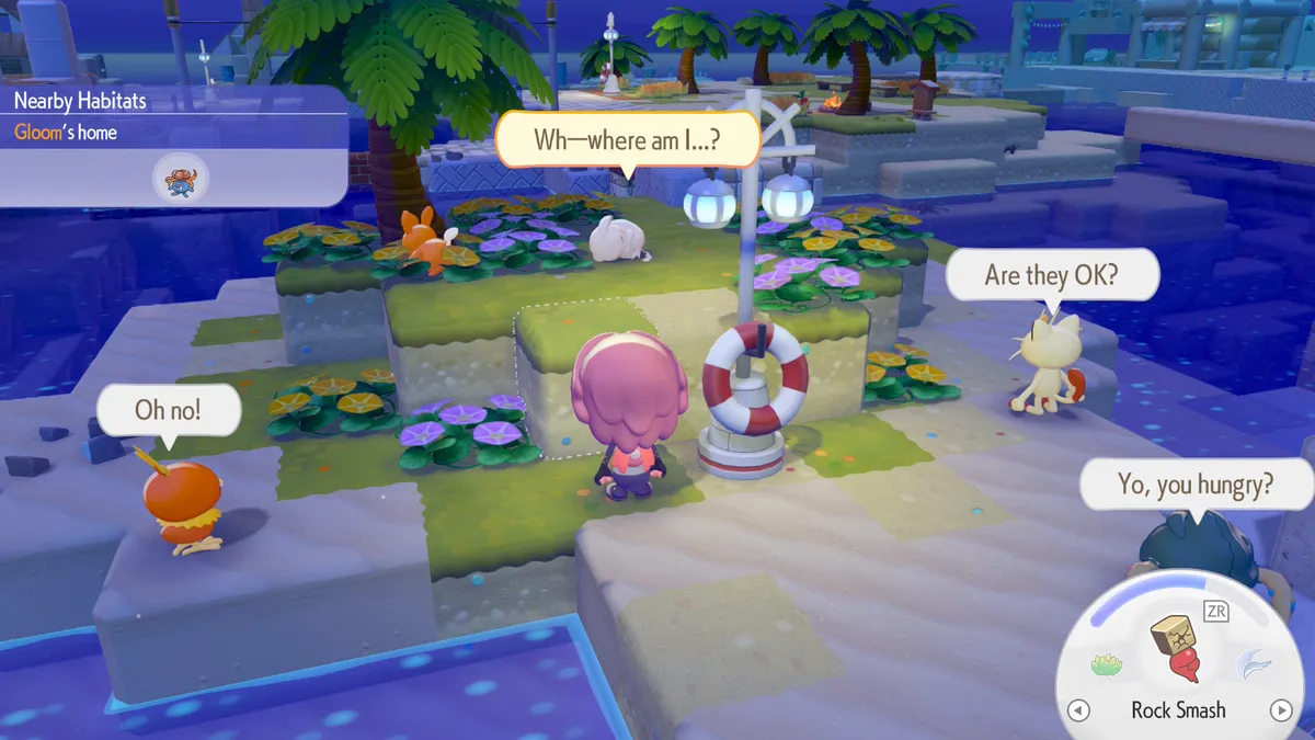 Imagem de Pokémon Pokopia, onde o Ditto humano, junto de Torchic, Meowth, Turbbish e Pawmi, encontram um Pikachu pálido deitado entre as flores.