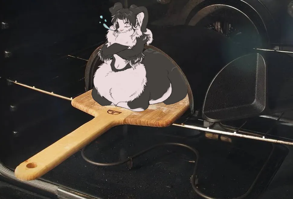 Imagem do meme do Helion, deitado que nem um pãozinho, sendo colocado em um forno para assar como um pão