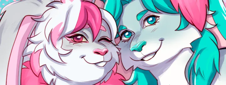 Minhas duas fursonas, dois coelhos de orelhas caidinhas, uma com colar de pelos rosa, branca e detalhes rosas e o outro em tons verdes, Yuui e Tsuyu, com os rostos encostados. Yuui está passando as orelhas pelo rosto de Tsuyu.