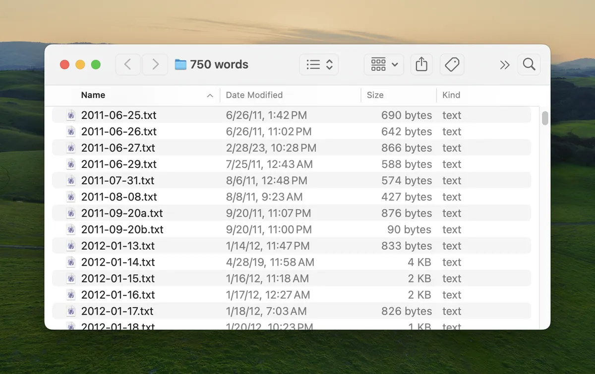 screenshot of a macOS Finder folder of plain text journal files