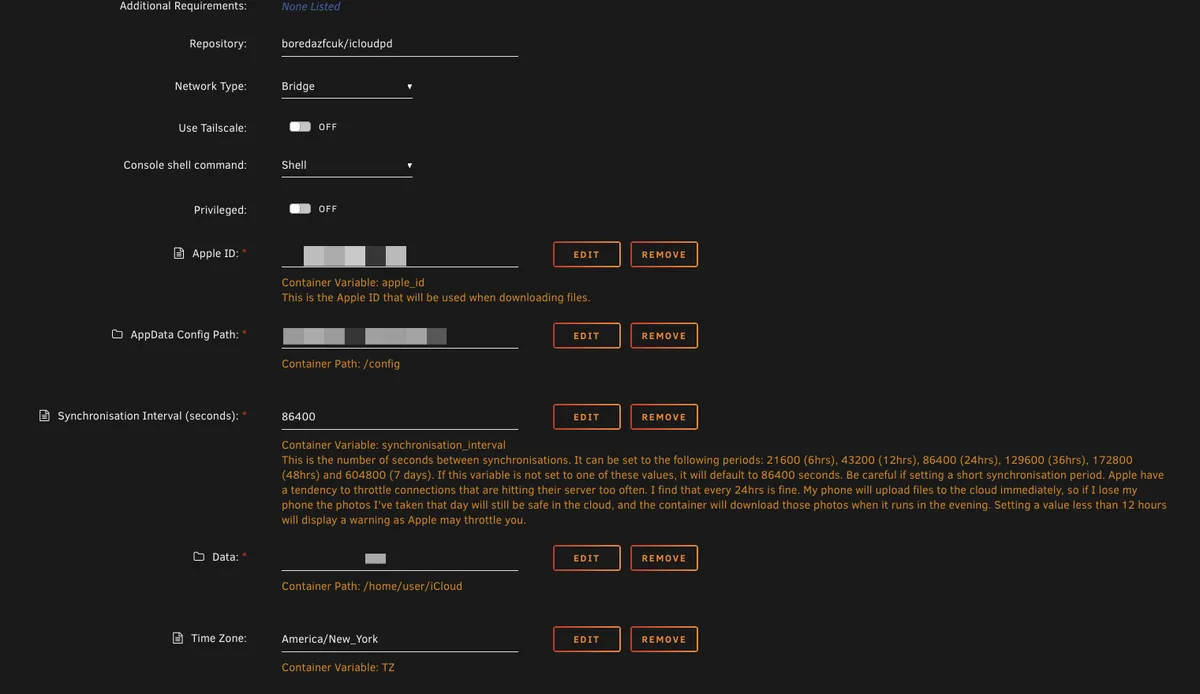 Container settings