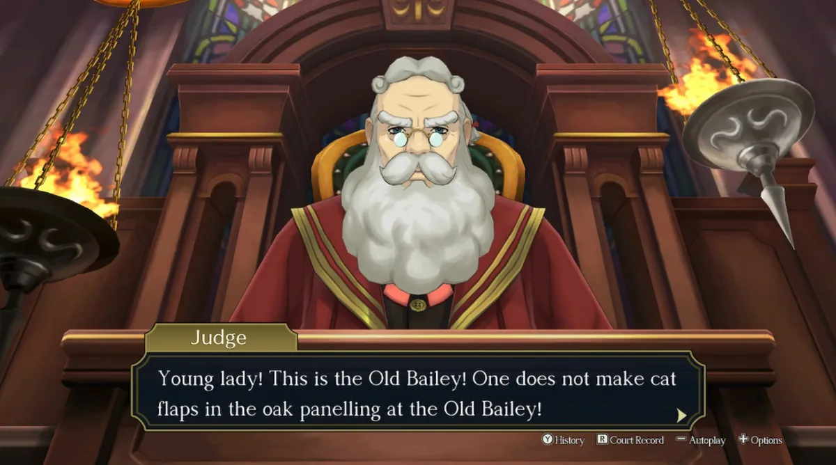 An image of the judge, looking stern, saying "Young lady! This is the Old Bailey! One does not make cat flaps in the oak panelling at the Old Bailey!"