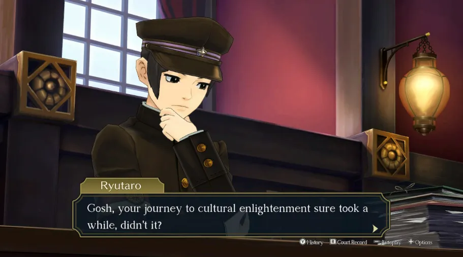 A screenshot of Susato, disguised as Ryutaro, looking pensive and saying, "Gosh, your journey to cultural enlightenment sure took a while, didn't it?"