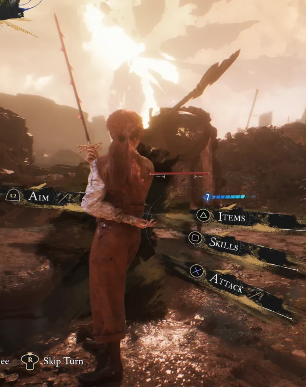 Maelle in Defensive Stance. Her off hand is tucked behind her back, and her blade is raised so the point is pointing upwards and a little bit behind her; it's in her leading hand but she has crossed her leading hand to the other side of her body.