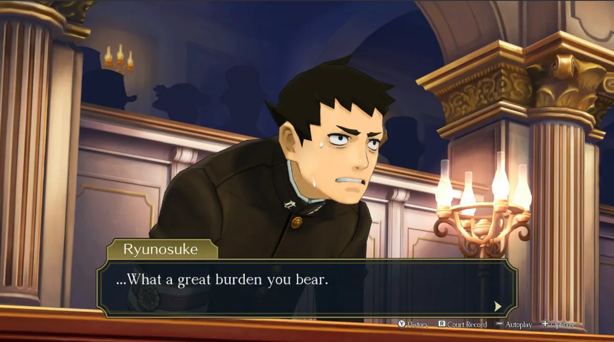 A screenshot of Ryunosuke, looking deeply distressed, saying, "...What a great burden you bear."