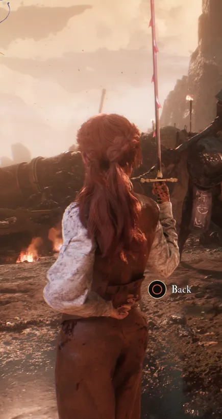 Maelle in a variation on Defensive Stance. It's like the one above, but her weapon is held in front of her face and the blade is almost perfectly vertical, pointing up.