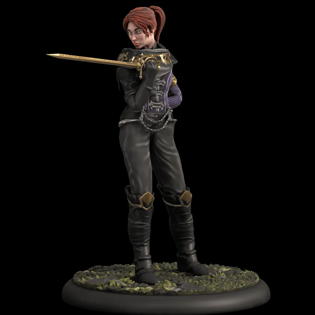 Maelle as a HeroForge miniature, expertly kitbashed. Her weapon is held close to her chest, her fingernails facing towards her; it's held in a closed fist, and her arm is bent like she is flexing her biceps. Her off hand is tucked behind her back, as in the Defensive Stance.
