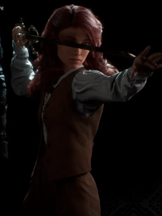 Maelle in her Offensive Stance. She has pivoted so her left foot and hand are forward, and her sword, in her right hand, is behind her head, pointing forward. Her empty left hand is extended forward.
