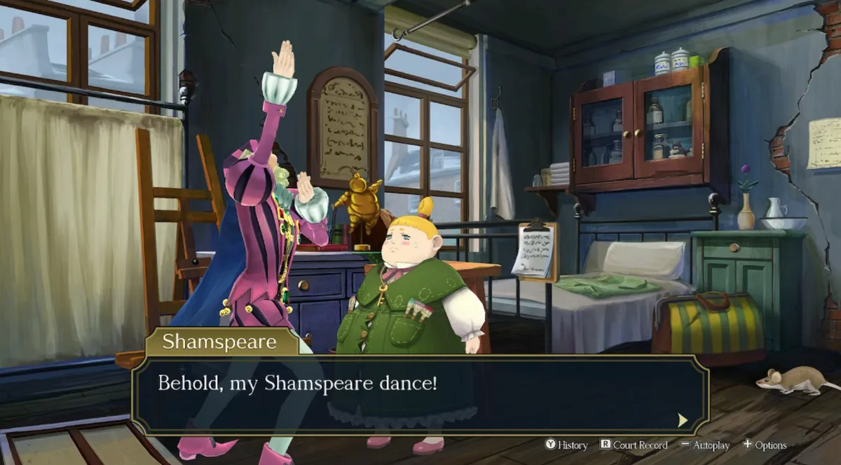 A screenshot of Shamspeare, captured in mid-silly dance, saying, "Behold, my Shamspeare dance!" while Olive Green looks on, looking somewhat distressed.