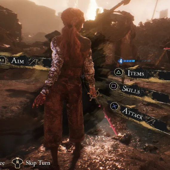 An image of Maelle in her stanceless pose. Her arms are lowered, angled at about 45 degrees, with her sword in her leading hand; and her feet are close-ish to each other and she's standing mostly upright.