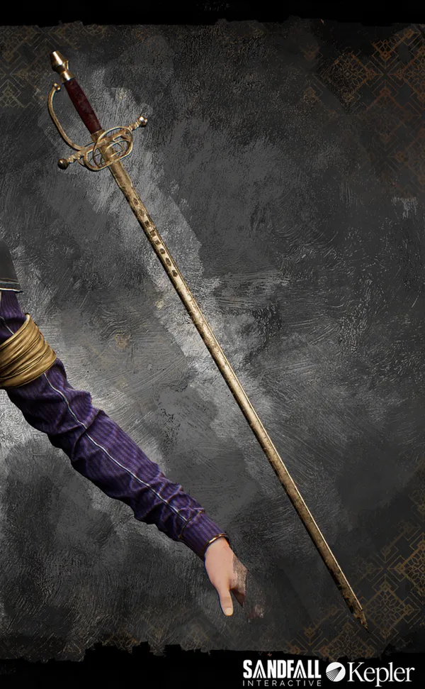 An image of Maelle's sword, also a bit of her arm. It's a French smallsword with a wooden grip, a hollow figure eight style guard, and a blade that looks like it's made of brass or bronze or something to that effect.