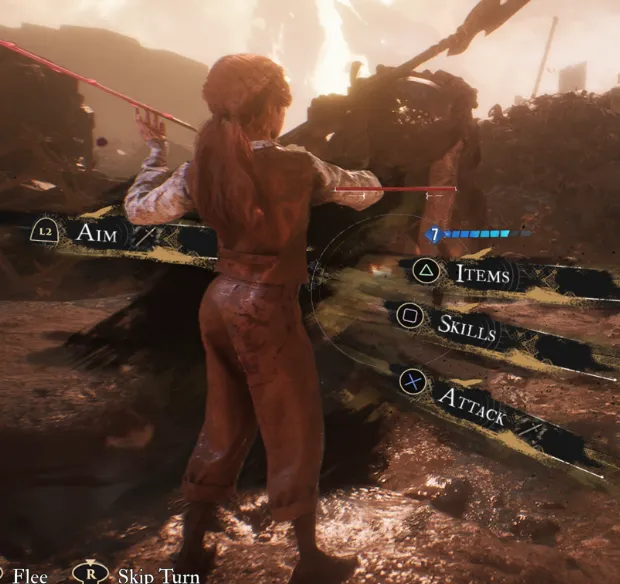 Maelle in Virtuose Stance. In this stance, she has shifted so that rather than presenting her profile to her opponent, as in the other stances, she is facing them directly; her weapon is aimed back and to the left at a forty-five degree angle-ish, and her off hand is raised to gently caress the blade. It looks like she's playing an invisible violin with her sword as the bow.
