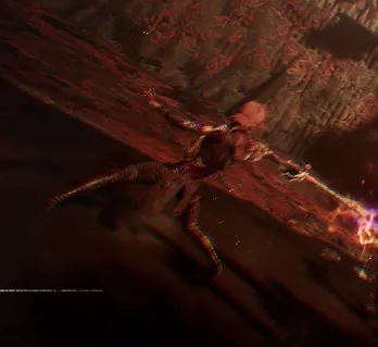 Maelle in a lunge. The weapon is fully extended, and her off hand is mostly extended behind her.