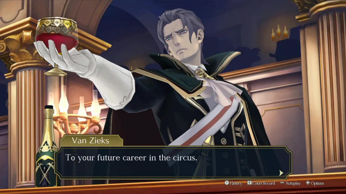 A screenshot of Van Zieks, holding a glass full of red wine up in a toast, saying, "To your future career in the circus."