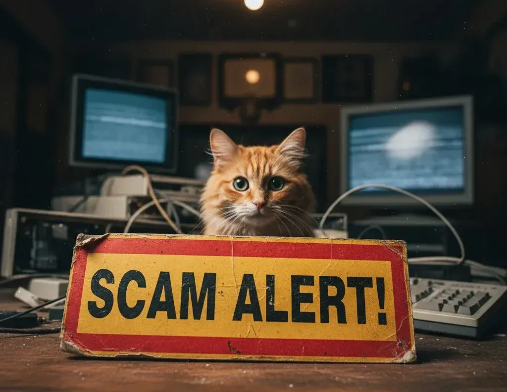 Cat holding a scam alert sign