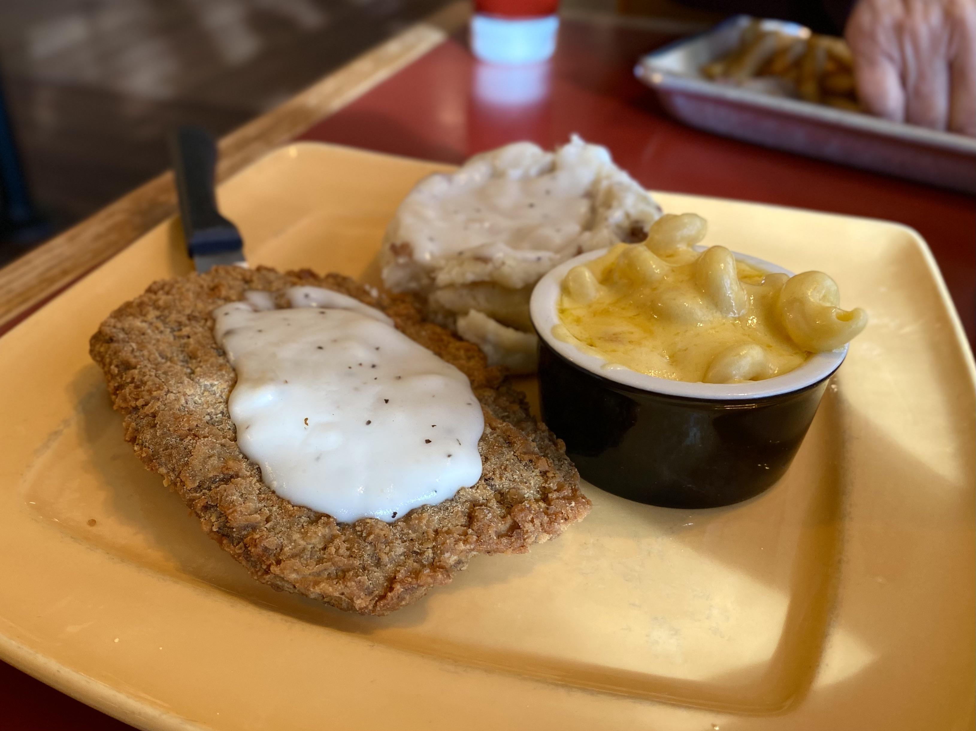 Chicken fried steak and mac n cheese