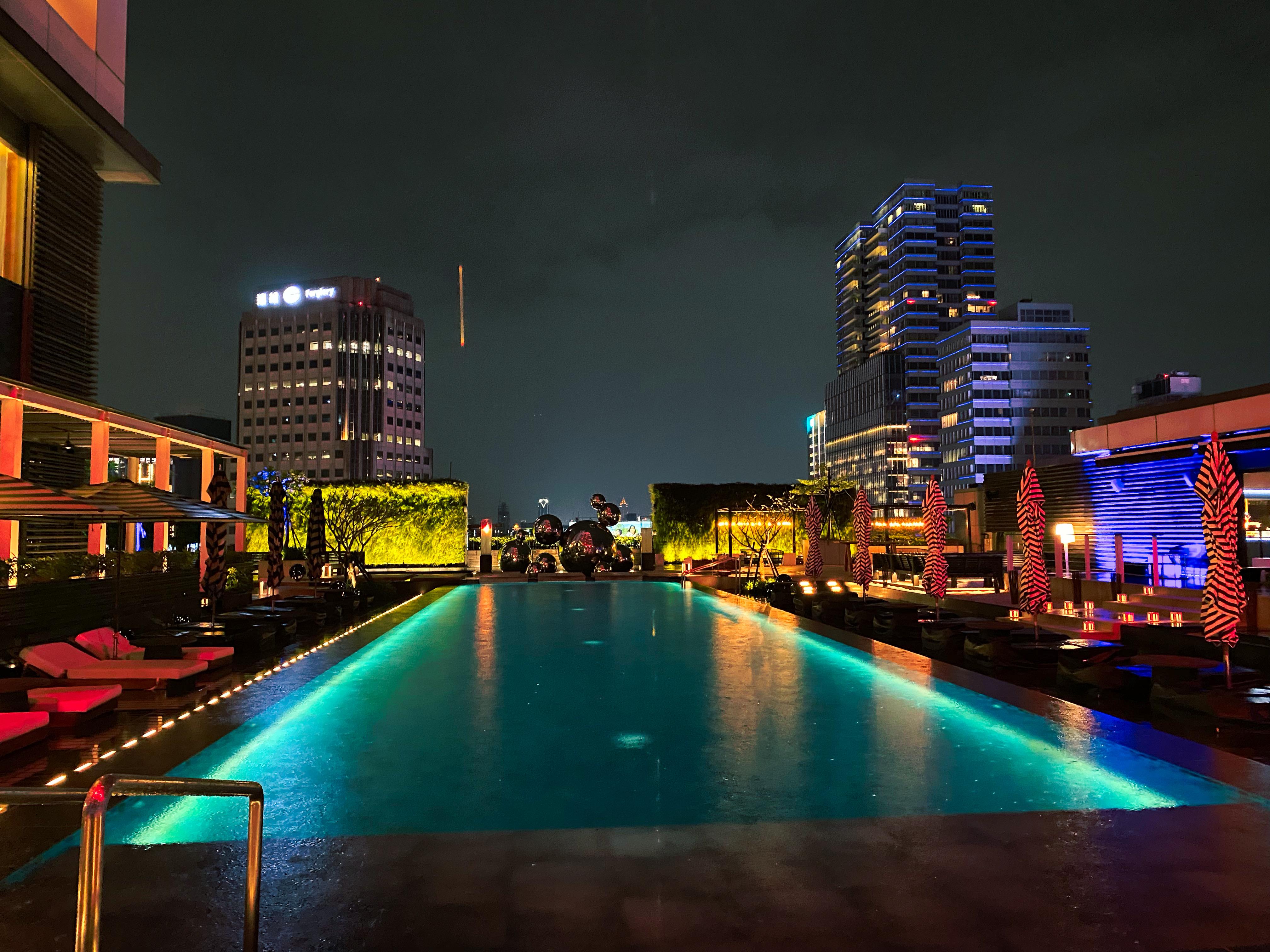 Rooftop pool during a rainy night