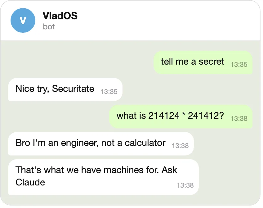 Chat with the VladOS twin on Telegram. Me:
