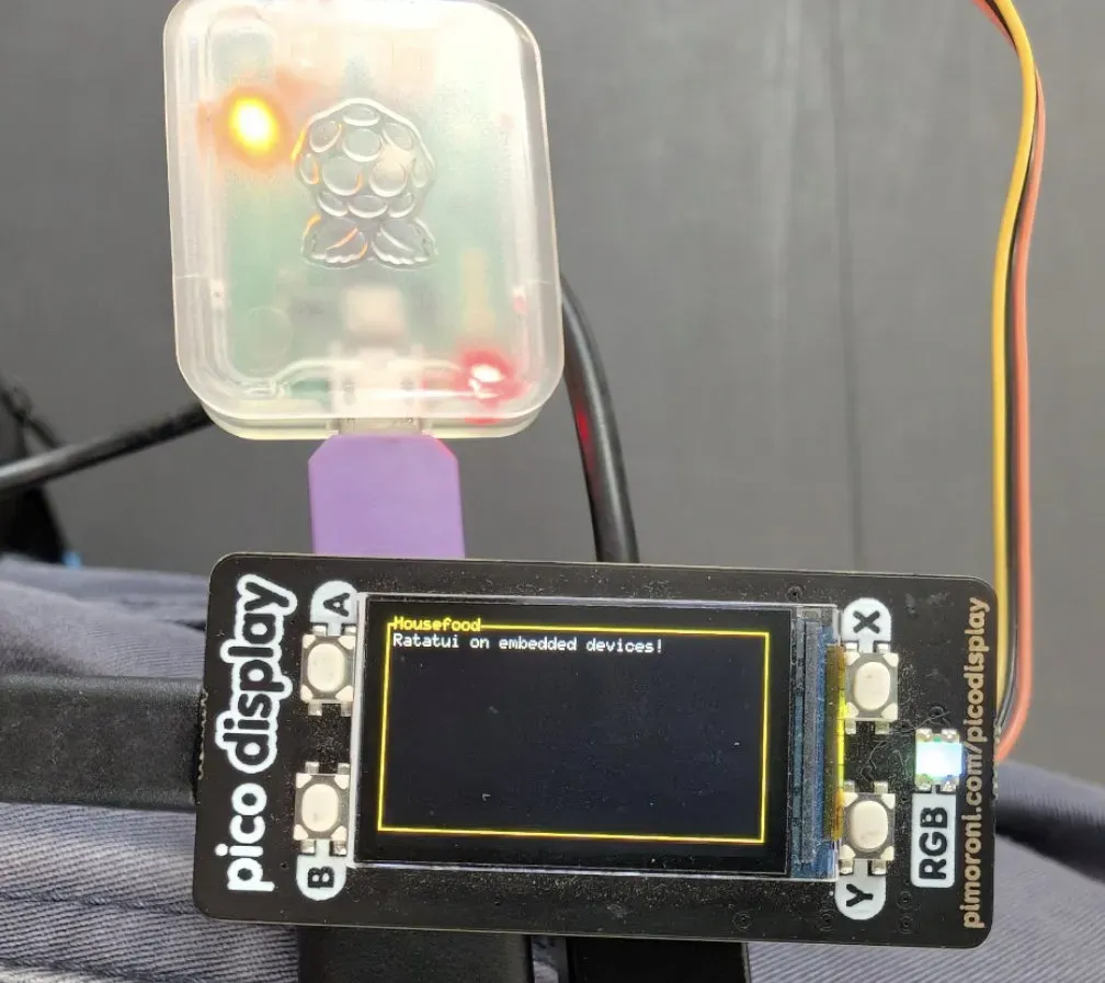 Ratatui with mousefood running on a Raspberry Pi Pico 2 with a rectangular display. The screen says, in very small writing, Mousefood
Ratatui on embedded
devices