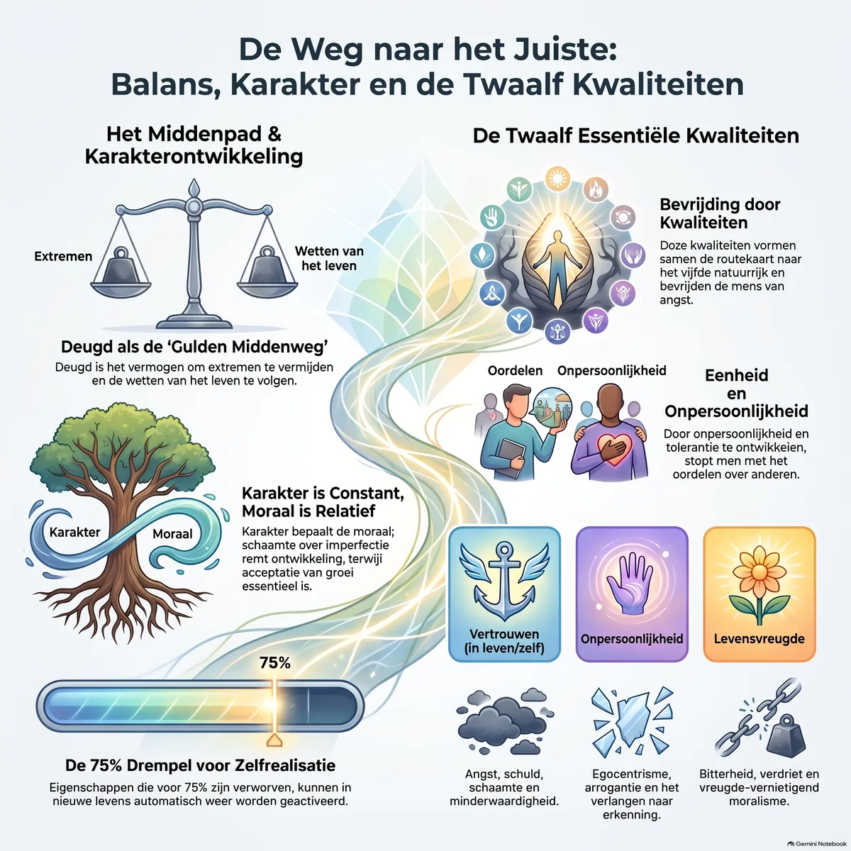 De conceptie van het juiste (3-3) het middenpad en de twaalf kwaliteiten